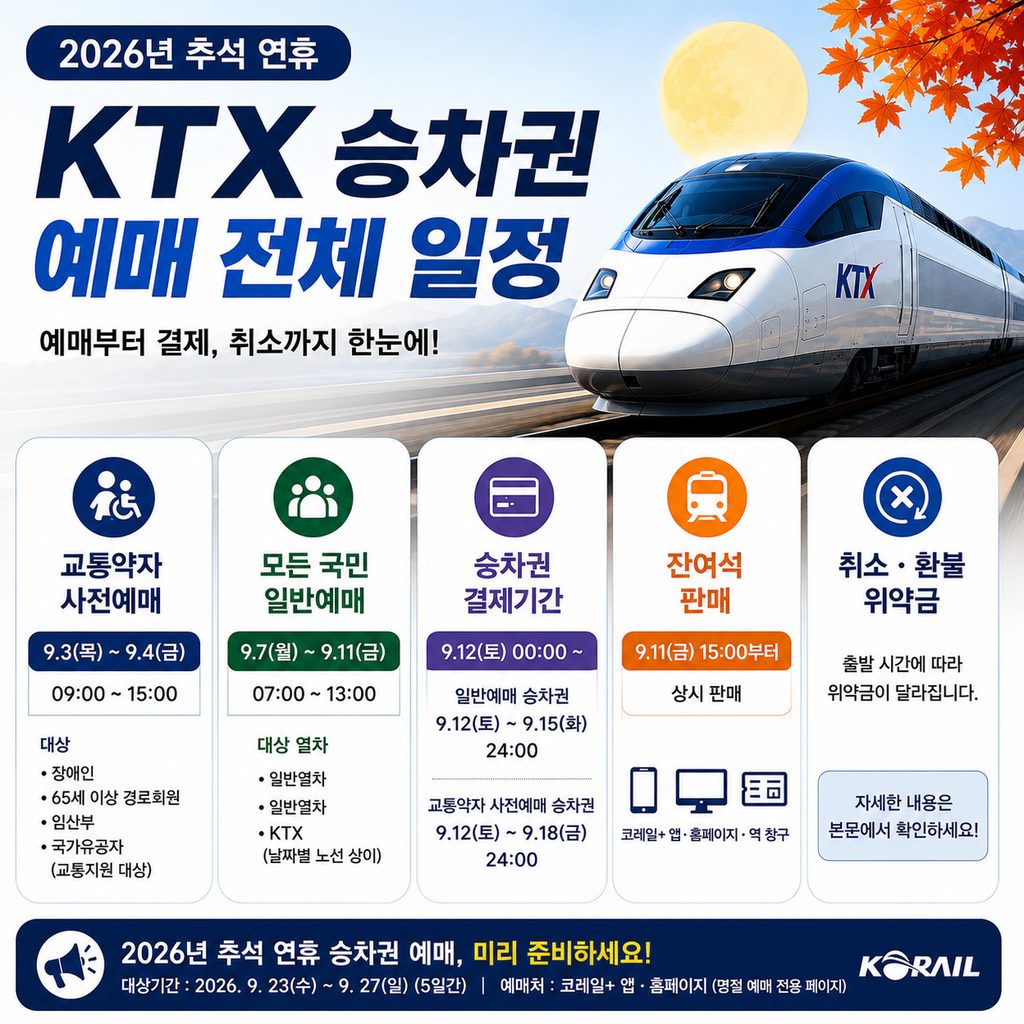 2026년 KTX 추석 예매방법·오픈일정·예매시간·통합회원 전환·결제·취소 총정리 2 KTX 기차 예매 전체일정 2